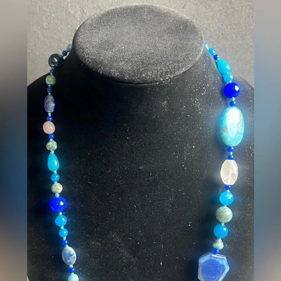 Blue Lapis and Impression Jasper Precious Stones Sterling Silver Clasp Necklace - Picture 4 of 10